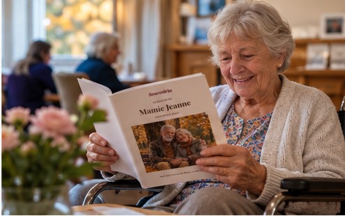 Une dame en EMS lit son journal Souveniria