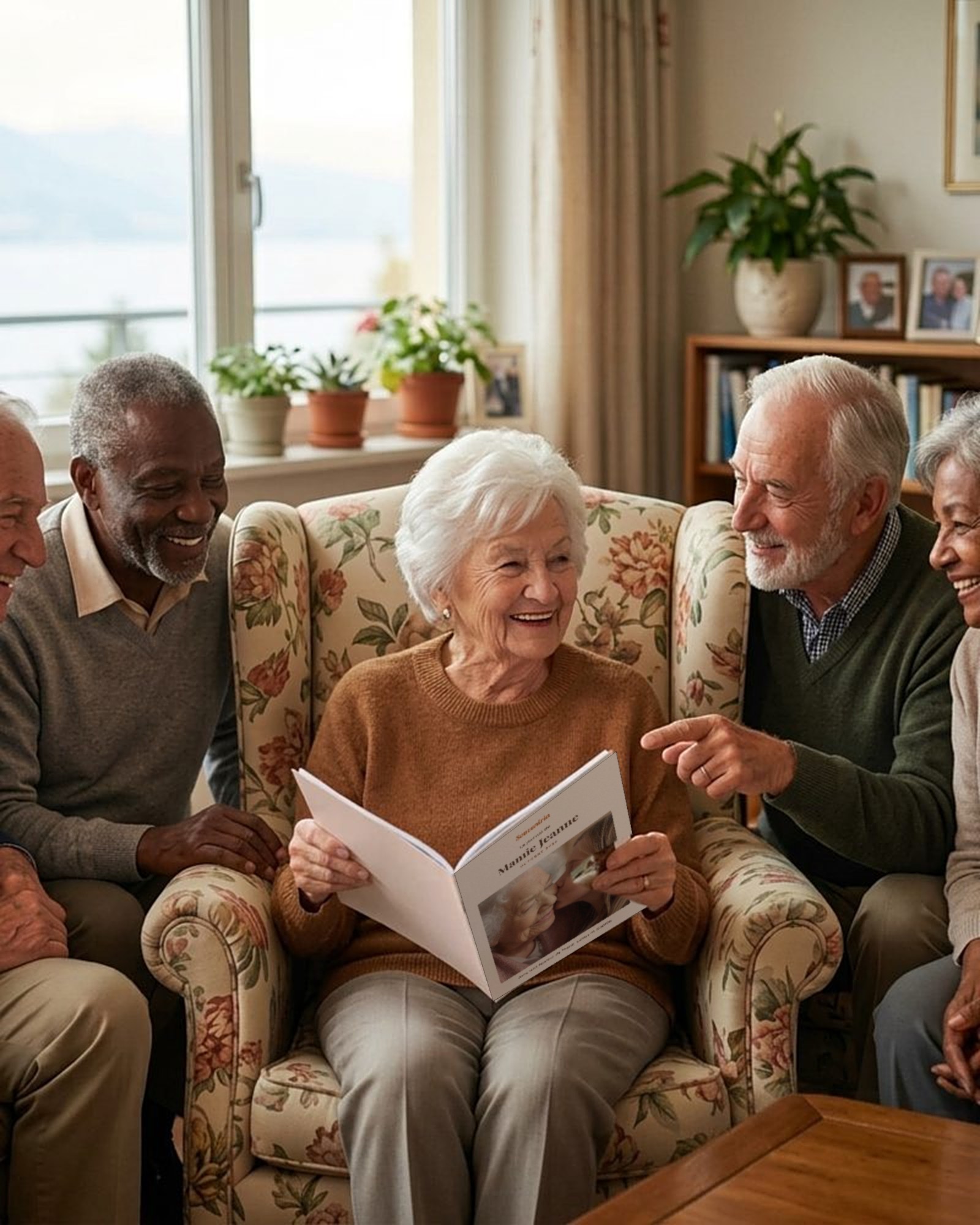 Une grand-mère montre son journal à ses amis