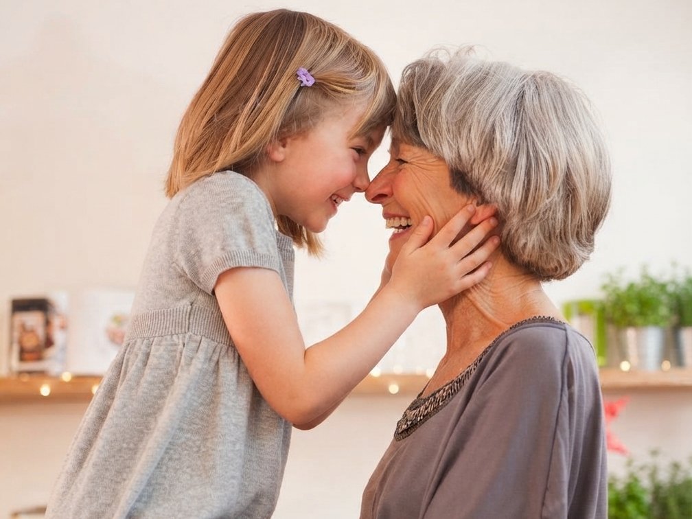 Une petite-fille embrasse tendrement sa grand-mère