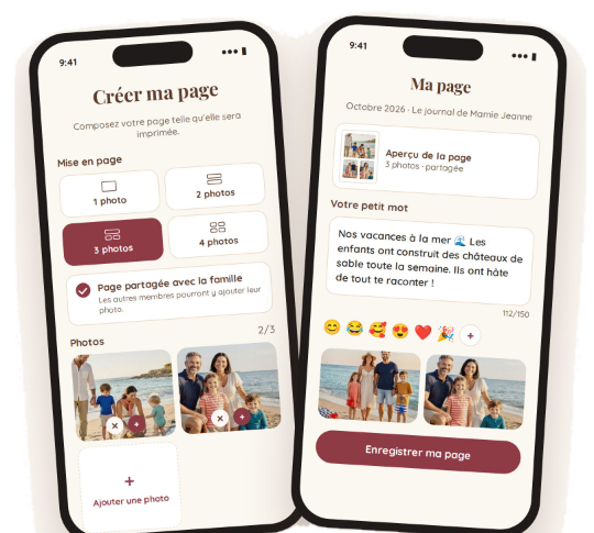 Deux écrans de l’application : créer sa page et écrire son petit mot
