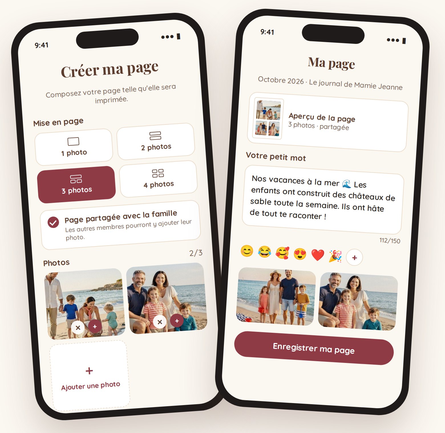 L'application Souveniria sur téléphone : choix de la mise en page et écriture du petit mot